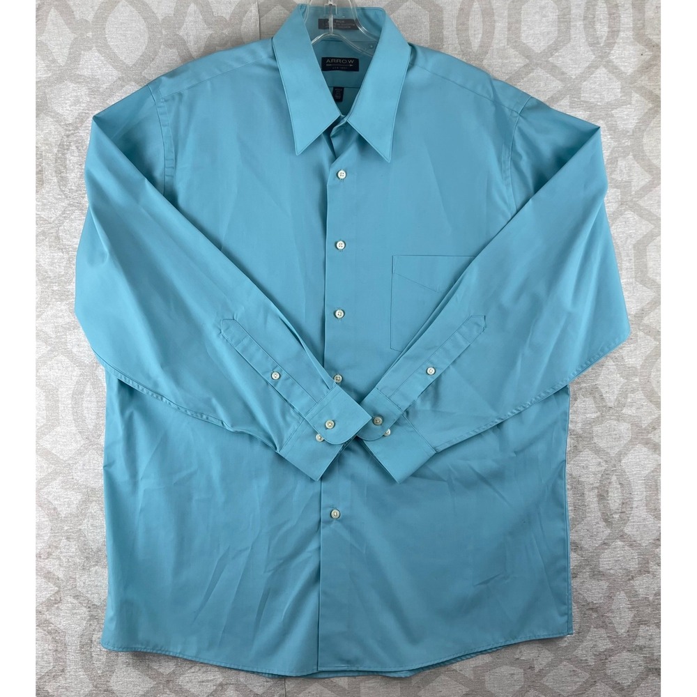 Arrow USA 1851 Dress Shirt Mens Large Blue Wrinkle Free Poplin‎ Long Sleeve L